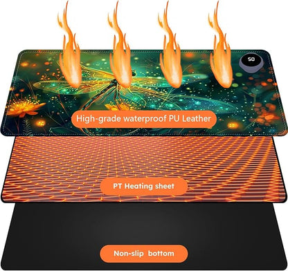 Heated Mouse Pad with 3 Levels Heated & 3 Hours Auto Shut-Off Mouse Pad for Warming Hands in Office Home, 23.6" x 14.2"Large Safe Desk Mat Hand Warmer，Glowing Dragonfly