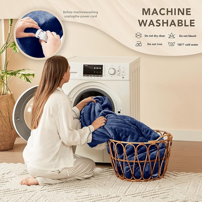 Homemate Electric Heated Blanket King - 100"x90" Heating Bed Blankets Throw with 10 Heating Levels 8 Hours Auto Off Fast Heating Over-Heated Protection Ultra Soft Warm Flannel ETL Certified Navy Blue