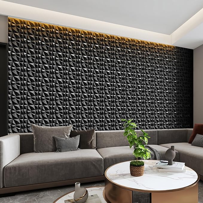 INMOZATA 3D Wall Panels for Interior Wall Decor, 33 Pack 12 x 12 Inch Decorative Wall Panels Diamond 3D Textured Accent Panel for TV, Gaming Living Room, Bedroom Background(Black)