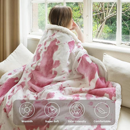 Cow Print Heated Blanket Twin-Heating Electric Blanket Twin with 10 Heat Levels & 10 Hours Auto-Off, Cozy Soft Fleece Sherpa, Washable, 62 x 84 Inches Cow Print Pink