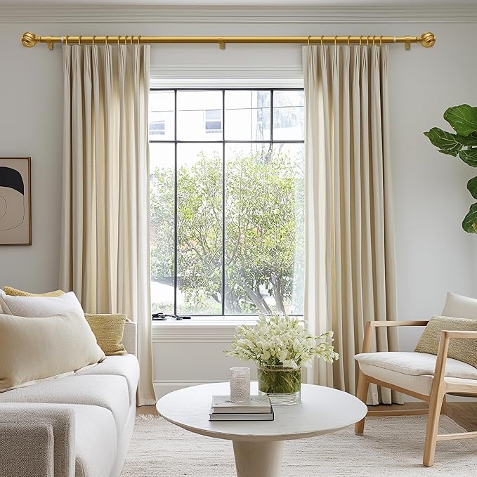 Gold Curtain Rods for Windows 48 to 84 Inch 7/8" Diamete Heavy Duty Adjustable Window Curtain Rod with Decorative Finials for Farmhouse Bedroom Living Room Kitchen Outdoor