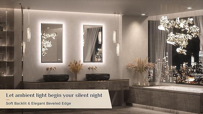 Keonjinn 40 x 24 Inch Backlit LED Mirror for Bathroom, Beveled Frameless Mirror with Backlight, Safe Tempered Glass, UL-Listed LED Driver, 3 Color Lights, Defogging, Decorative(Horizontal/Vertical)