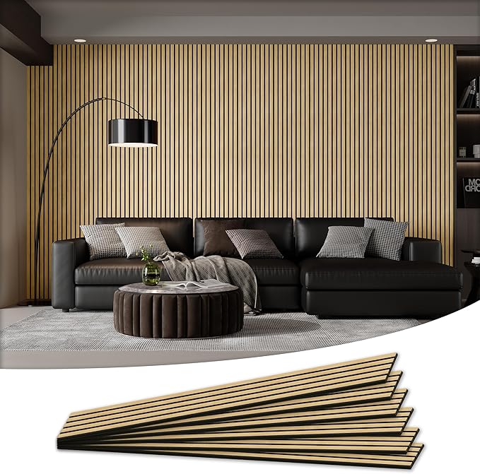 Wood Salt Acoustic Wall Panels, 6 Piece 94" x 7.9" x 0.8" Soundproof Wooden Wall Panels, 3D Fluted Sound Absorbing Panel, Rustic Oak