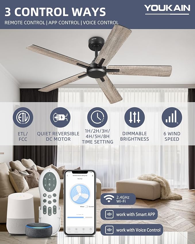 YOUKAIN Ceiling Fan without Light, 52 Inch Black Ceiling Fans, Smart Ceiling Fans Remote & APP Control, Reversible Blades, Outdoor Ceiling Fan for Bedroom, Living room, 52-YJ812-BK-NL