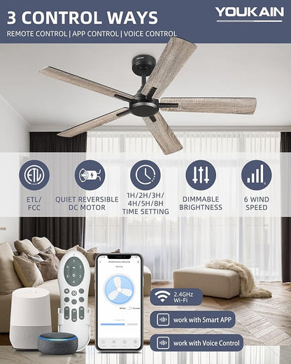 YOUKAIN Ceiling Fan without Light, 52 Inch Black Ceiling Fans, Smart Ceiling Fans Remote & APP Control, Reversible Blades, Outdoor Ceiling Fan for Bedroom, Living room, 52-YJ812-BK-NL