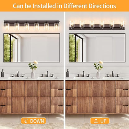 6 Light Modern Bathroom Light Fixtures Over Mirror, Bronze Finish Vanity Lights for Bathroom Wall Sconces with Clear Glass Shades, E26 Socket (Bulbs Not Included)