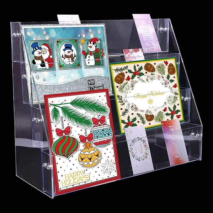 GLOBLELAND 4-Tier Clear Acrylic Sticker Display Stand Sticker Display Rack Holder Portable Card Display Rack for Greeting Cards Vendors Retail Business Brochure Postcard