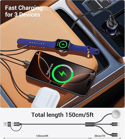Temdan 2Pack for Apple Watch Charger, 3 in 2 Multi Charging Cable, iPhone Charger, USB A/Type C/Lightning Cable, Portable Travel Essentials Designed for iWatch Ultra/SE/11-1 & iPhone 17-12/ iPad-5Ft