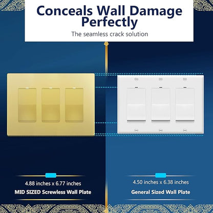 LIDER Matte Finish Decorator Switch Cover, Screwless Wall Plate, Mid-Size 3-Gang 4.88" x 6.77", Unbreakable Polycarbonate Thermoplastic, UL Listed, LSWP-33M-GD, Gold