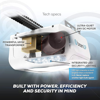 Everlift BU250 Sectional Garage Door Opener with Battery Backup, Heavy-Duty Chain Drive for Single or Double Doors, Wall Mount, and Remote Garage Opener, Quick and Easy Installation, White