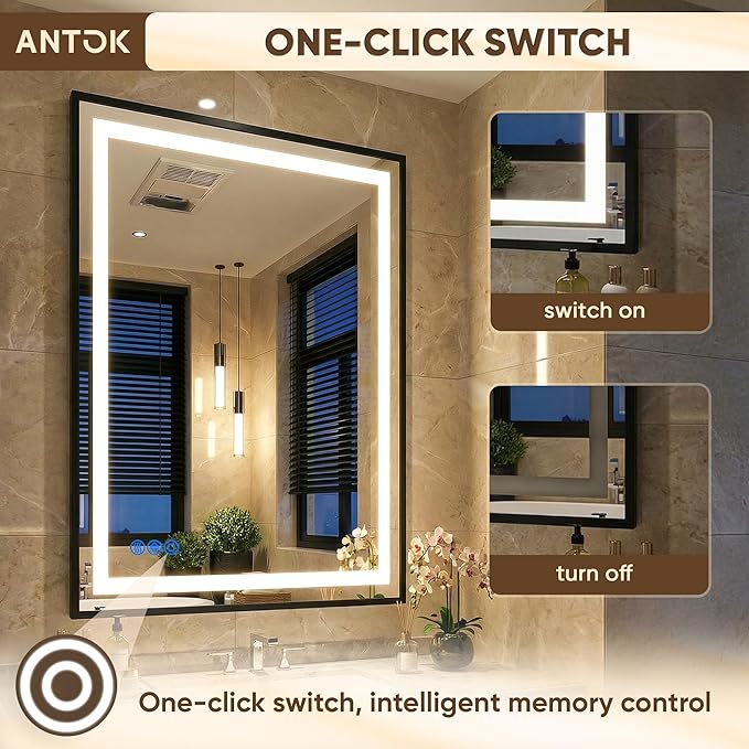 Antok 72X32 LED Bathroom Mirror with Lights, Vanity Mirror for Wall with Black Frame, Touch Control, Anti-Fog, Dimmable Lights, Shatter-Proof, Memory Function, Wall-Mounted Vanity Mirrors