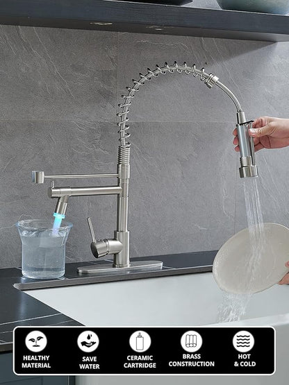 Kitchen Sink Faucet with LED,AIMADI Single Handle Stainless Steel Brushed Nickel Kitchen Faucet with Deck Plate, Grifos De Cocina