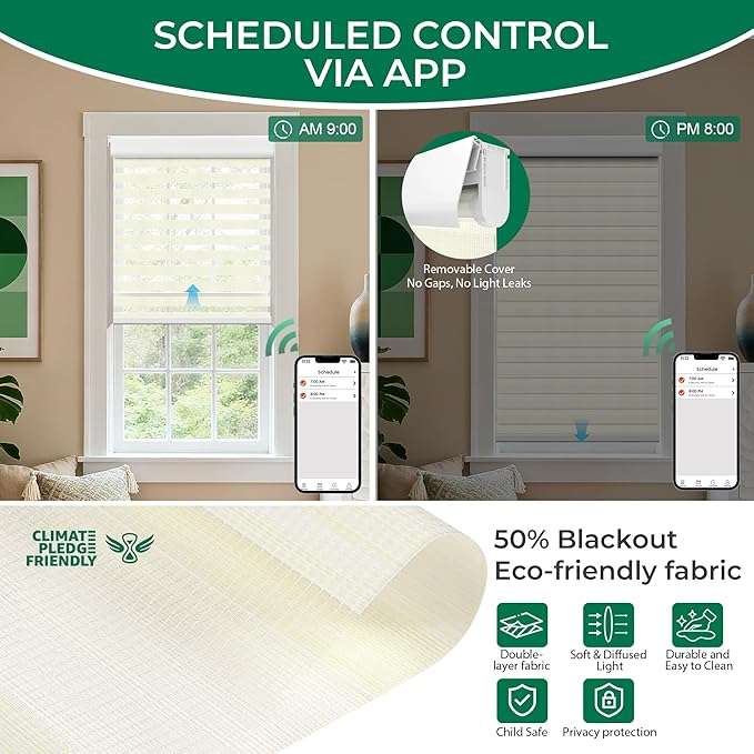 Allesin No Drill Motorized Zebra Blinds – Rechargeable Smart Dual Layer Shades with Cassette Cover, Ultra-Quiet Motor, Automatic Blind with Remote for Indoor Windows (Pearl White 34" W x 60" H)