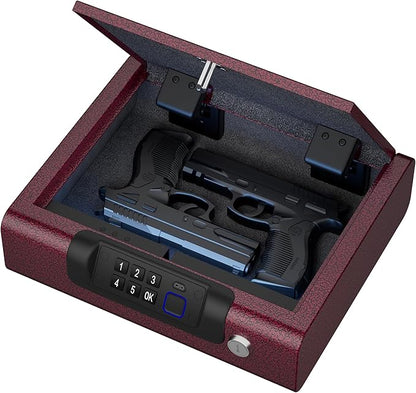 Gun Safe,Biometric Gun Safe for Pistols 3-Ways unlock Fingerprint Digital PIN Key Unlock with Voice,Lock box for Cloakroom living room Bedroom Nightstand and Car BILLCONCH - Burgundy Red