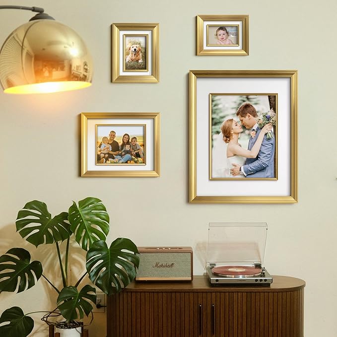 Yaetm 8x10 Gold Picture Frame with Decorative Inner Frame & Tempered Glass, Display 5x7 Photos with Mat - Portrait or Landscape - Tabletop & Wall Mount for Office & Home Décor (Gold, 2 Pack)