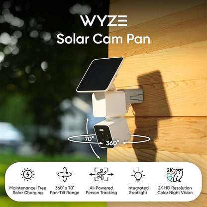 WYZE Solar Cam Pan, Security Cameras Wireless Outdoor, 2K HD 360° Pan-Tilt Battery Powered 2.4GHz Wi-Fi Cameras for Home Security, AI Motion Detection, Color Night Vision, 2-Way Audio, No Blind Spots
