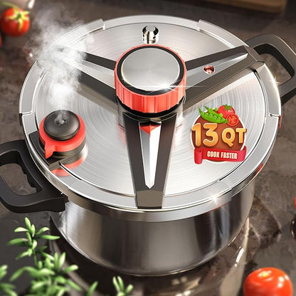 Pressure Cooker 13 QT, [Save 70% Cooking Time] Stainless Steel Pressure Canner with Triple-Layer Steel Body [One Hand Operation] Rotating Lock/Unlocking Lid System Steam Rack Included Olla De Presion