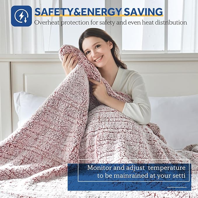 SEALY Electric Blanket Twin Size, Soft Sherpa Heated Blanket Single Control with 10 Heating Levels & 1 to 12 Hours Auto-Off Settings Over-Heated Protection 62"x84" Machine Washable, Rust Red