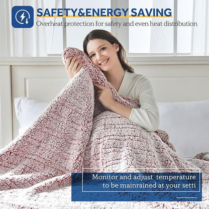 SEALY Electric Blanket Twin Size, Soft Sherpa Heated Blanket Single Control with 10 Heating Levels & 1 to 12 Hours Auto-Off Settings Over-Heated Protection 62"x84" Machine Washable, Rust Red