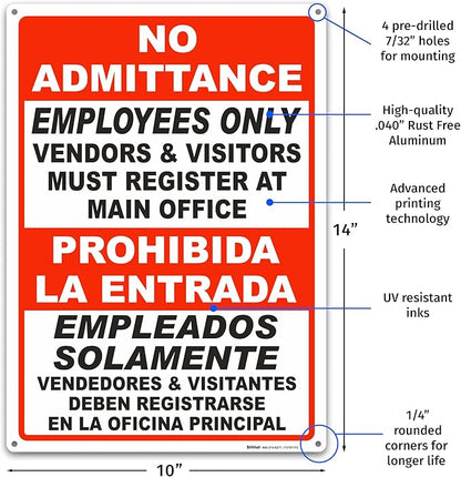 Brimar - 10" x 14" - Bilingual Vendors & Visitors Must Register Sign - .040″ Rust-Free Aluminum - High Visibility - Easy Installation