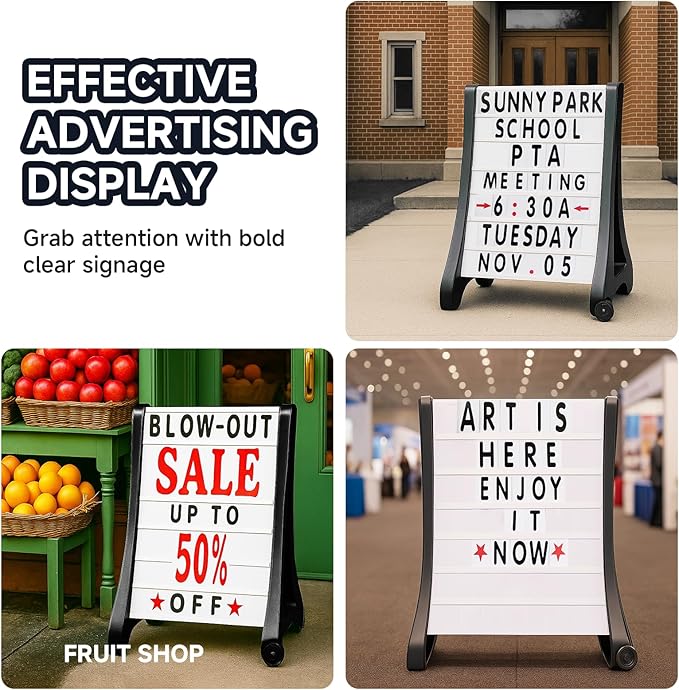 24"x39" Changeable Message Board Sidewalk Sign, Standard Portable A-Frame Sign & Letter Kit for Outdoor,Business, Large Black Standing Frame with Wheels, Water-Fillable and Wind-Resistant