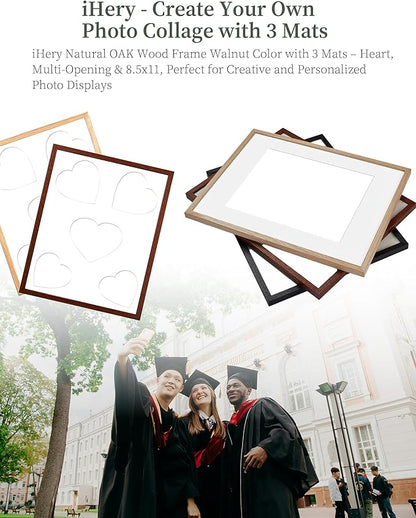 iHery Standard 12x16in Natural OAK Wood Picture Frames Collage For Wall Decor, Walnut Color Includes 3 Mats (Heart, 4x6/5x7 Multi-Opening, 8.5x11) DIY Gallery Photo Display Mom Birthday Gift 1Pack