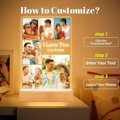 Custom Picture Frames with Photo, Personalized Photo Frame with Night Light, Customized Picture Frame, Personalized Anniversary Valentines Day Gifts for Women Men Her Him Girlfriend Boyfriend Couple