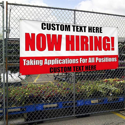 Custom Vinyl Banner Multiple Sizes Now Hiring! Taking Applications for Positions Now Hiring Outdoor Weatherproof Industrial Yard Signs 8 Grommets Personalized Text Here 48x96Inches