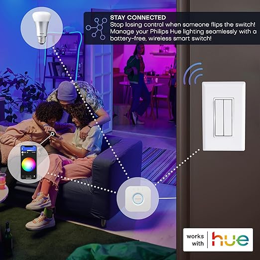 RunLessWire Click for Philips Hue – Battery-Free Wireless Smart Light Switch, 30ft Range – Works Natively with Philips Hue Bridge – Wall Mount Kinetic Switch - Decora Style, White