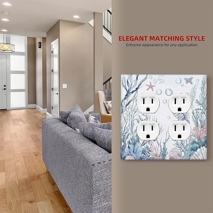 Outlet Covers Ocean Coral Seahorse Seashell Starfish 2 Gang Double Duplex Decorative Light Switch Covers Electrical Wallplates Socket Faceplate For Bathroom Home Decor