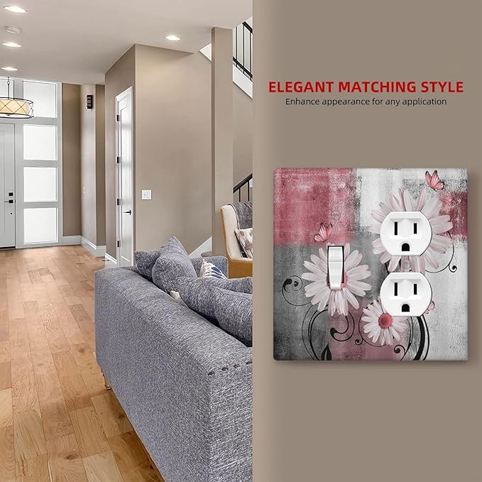 Wallplates Pink Floral Rustic Daisy Flower And Butterfly 1 Toggle 1 Duplex Switch Plate Electrical GFCI Faceplate Decorative Light Switch Covers for Farmhouse Cabin Decor
