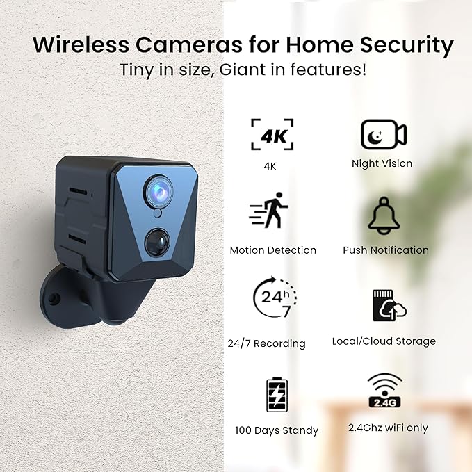2025 Upgraded Security Camera, 4K HD Mini Nanny Cam for Home with Night Vision, WiFi Indoor Camera, 100 Days Long Battery Life, Motion Detection, Remote Viewing, Wireless Surveillance Cam