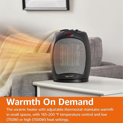 Amazon Basics Oscillating Ceramic Space Heater, Portable Indoor Heating Solution, With Overheat and Tip-Over Protection, Thermostat, 1500W, 7.52"D x 6.34"W x 9.45"H, Black