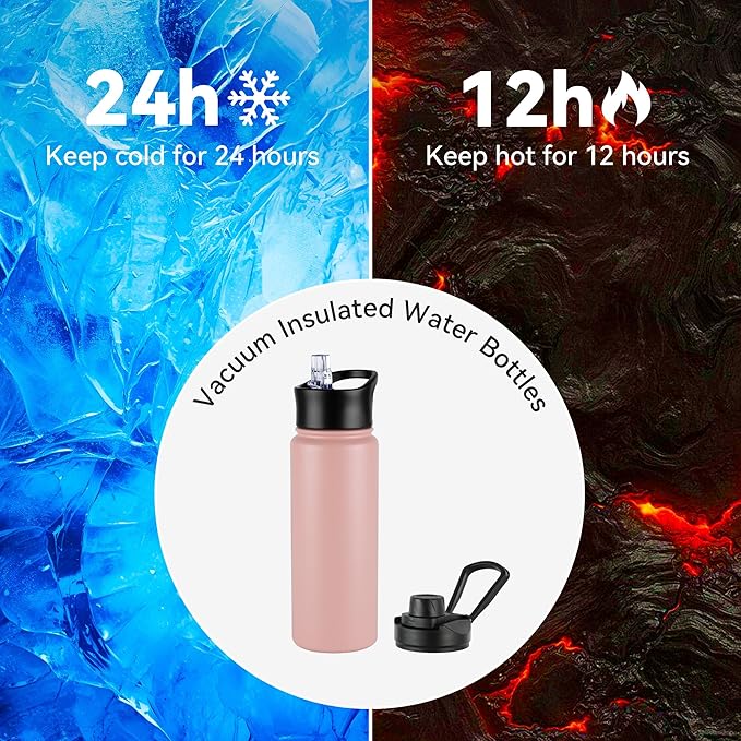 24oz Insulated Water Bottle with Straw Lid, Stainless Steel Metal Water Bottle with Straw & Wide Mouth Lid, Double Wall Vacuum Water Bottle for Hiking Camping, Pink 1 Pack