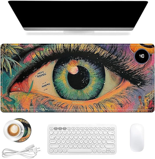 Heated Mouse Pad 31.5x13 in 3-Temp Fast Heating Desk Mat with Auto Timer Warmer for Hands Wrist Pain Relief Waterproof Keyboard Mat for Office, Gaming, Home, Colorful Eye Art