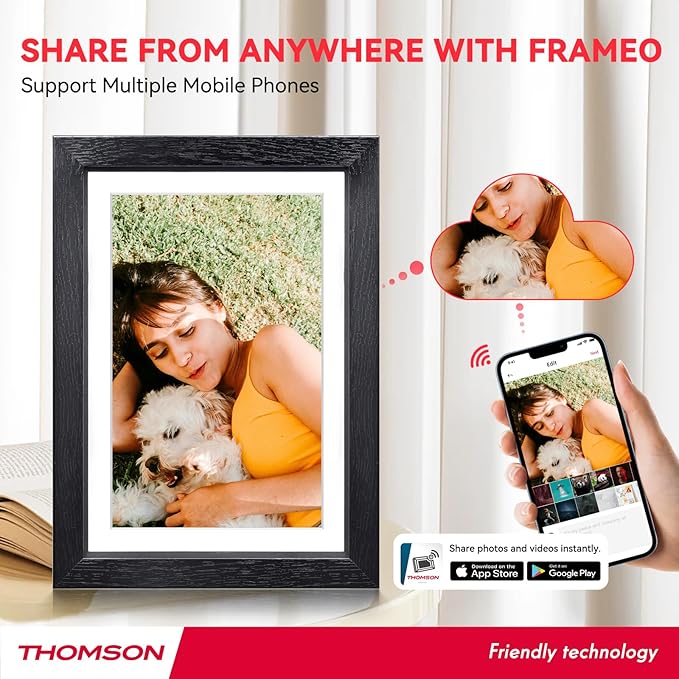 THOMSON Digital Picture Frame, Digital Photo Frame WiFi with 32 GB, HD IPS Touch Screen, Auto-Rotate, Slideshow, Share Photos/Videos from Phone by App (10.1Inch Wood)