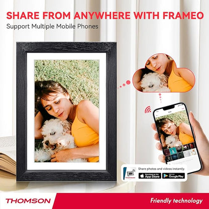 THOMSON Digital Picture Frame, Digital Photo Frame WiFi with 32 GB, HD IPS Touch Screen, Auto-Rotate, Slideshow, Share Photos/Videos from Phone by App (10.1Inch Wood)