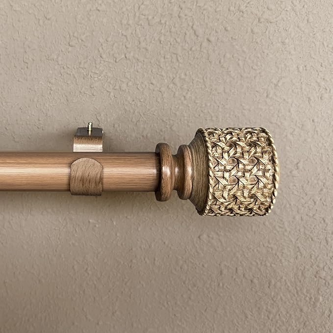 1-1/8 Inch Diameter Faux Wood Curtain Rods with Faux Rattan Cane Woven Finials, 36-72'' Telescoping Single Curtain Rods for window width 24-68 inch, 1 pack