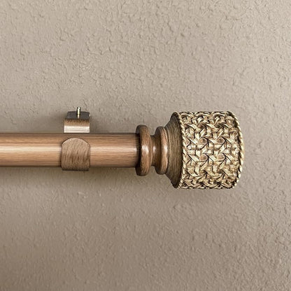 1-1/8 Inch Diameter Faux Wood Curtain Rods with Faux Rattan Cane Woven Finials, 36-72'' Telescoping Single Curtain Rods for window width 24-68 inch, 1 pack