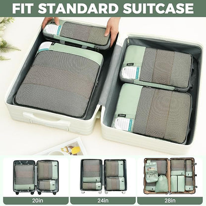 BAGAIL 4 Set/6 Set/8 Set Compression Packing Cubes Travel Accessories Expandable Packing Organizers(HalfMesh, 8-MatchaGreen)