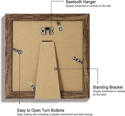 iRahmen 8x8 Picture Frame Set of 4 with HD Glass, Display 6x6 Pictures with Mat or 8 x 8 Without Mat, Rustic Wood Photo Frame for Wall Mount and Tabletop Display