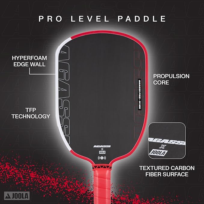 JOOLA Agassi PRO IV 14mm Pickleball Paddle w/Extended Sweet Spot - Carbon Fiber Surface Increases Spin & Control - SK Film for Power & Larger Sweet spot - UPA-A Certified - USAP Approved - NFC Chip