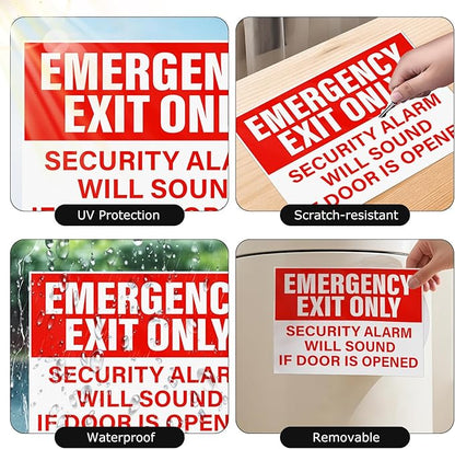 10 Pack Emergency Exit Only Security Alarm Will Sound If Door Is Opened Stickers 10 × 7 Inches Vinyl Self Adhesive Waterproof Safety Signs for Workplace Warehouse Office