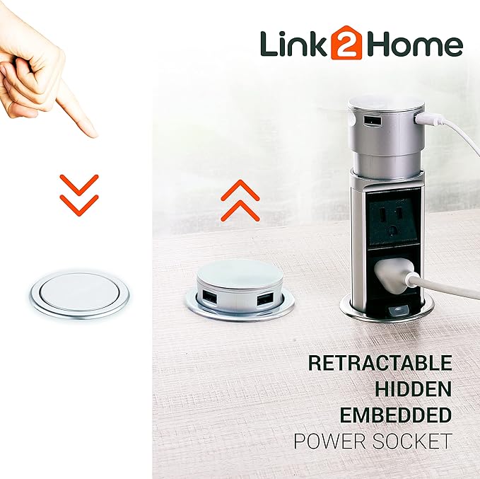 Link2Home Space Saver Pop Up-Outlet, 2 Power Outlets, 2 USB Ports 2.4 Amp, Overload Protection, Splash Resistant EM-PU-200E