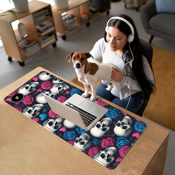 Heated Mouse Pad with 3 Temperature Settings(104°F–122°F),Large 31.5x13 Inch PU Leather Heated Desk Mat,Waterproof Warming Pad for Office,Gaming & Cold Hands Relief,Skeleton Skulls Flower