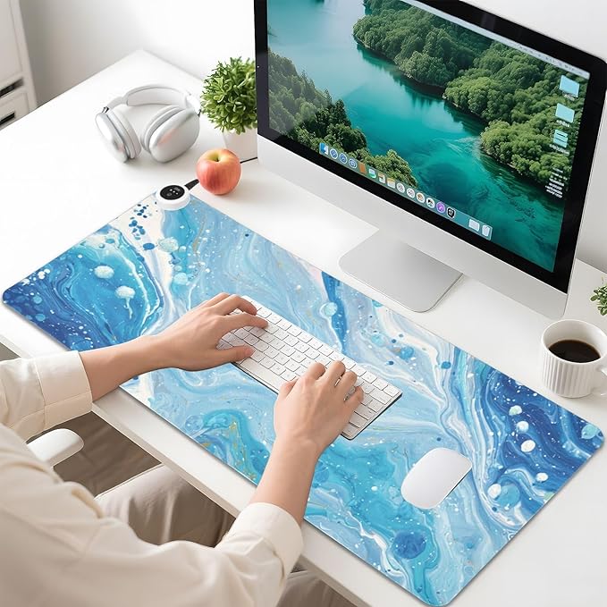 Heated Desk Pad Mouse Pad 31.5x13 Inch PU Leather Desk Mat with 3 Heat Levels Large Mouse Gaming Computer Laptop Mat Blue and White Marble Spots