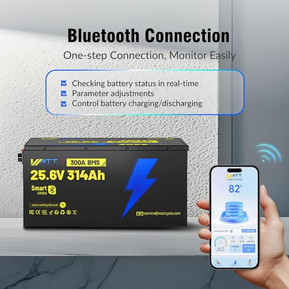 WattCycle 24V 314Ah LiFePO4 Battery, 24V Lithium Battery 300A BMS, LiFePO4 Battery 15000+ Deep Cycles, Rechargable Batteries Built-in Bluetooth, Perfect for Home Energy, RV, Marine, Solar