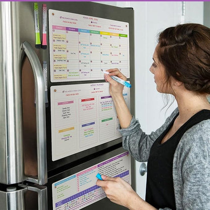 Magnetic Whiteboard for Fridge - Large Dry Erase Calendar for Wall | 2 Magnetic Dry Erase Board 10.5" x 16.5" & 7" x 16.5", Monthly Goal Setting & Habit Tracker, 5 Markers and 6 Adhesive Hooks