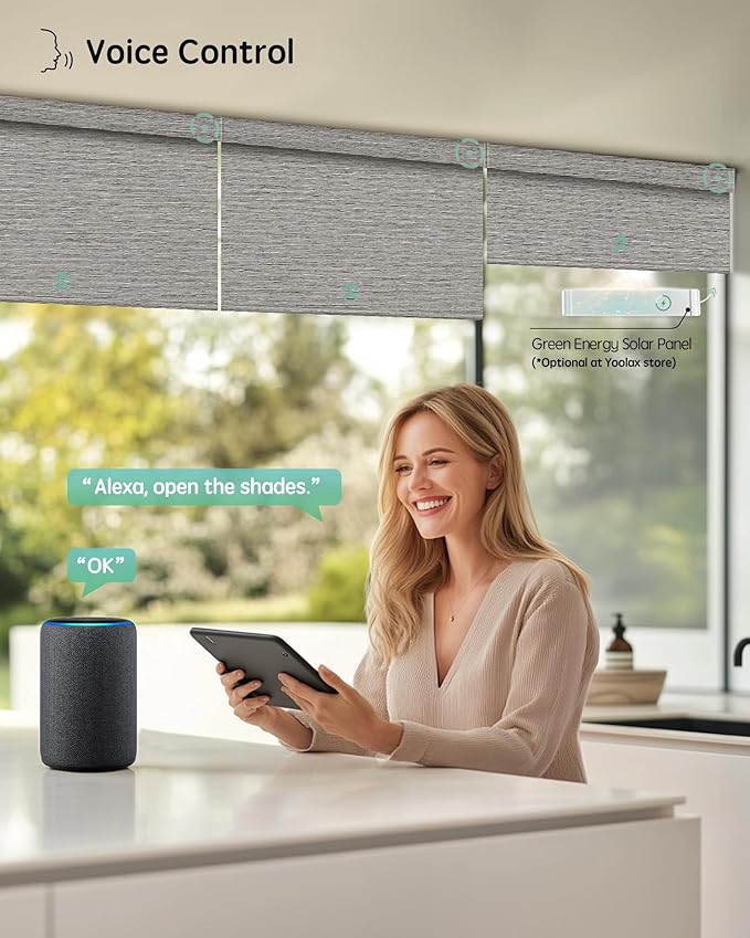 Yoolax Motorized Blinds with Remote, Smart Blinds for Windows Blackout Automatic Shades Compatible with Alexa Remote Control Roller Window Shades with Valance, Custom Size (V-Wood Stripe)