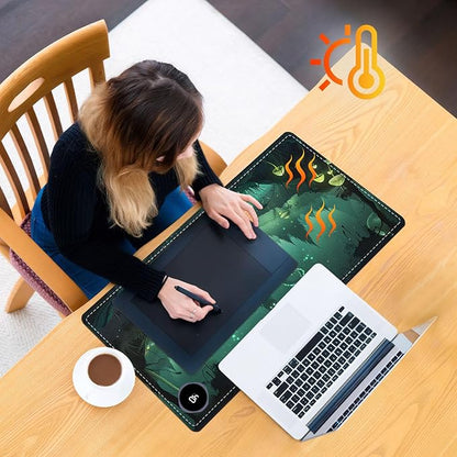Heated Mouse Pad, Warm Desk Pad, Keyboard Mat 23.6 x 14 Inch Large Size Intelligent Fast Heating, 3 Speed Adjustable, Timed Auto Power Off for Game Office Home, Dark Fantasy Forest